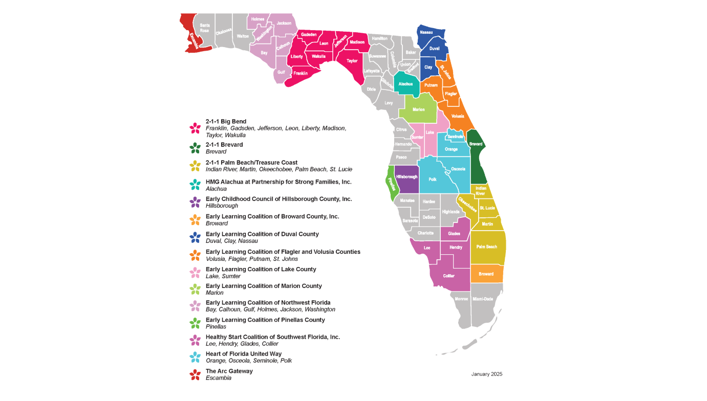Map showing partner organizations and counties covered through the Help Me Grow Network.